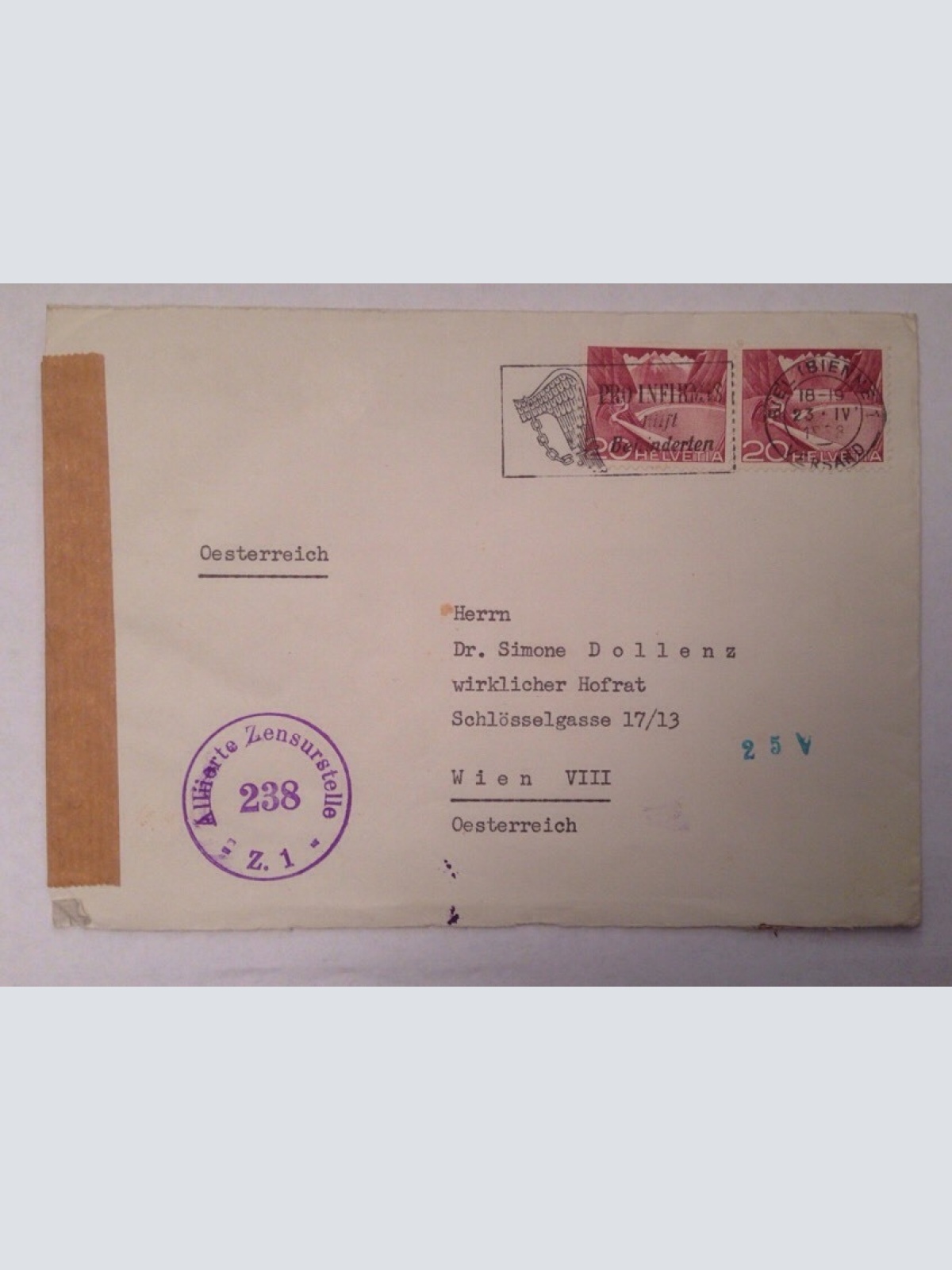 Brief Schweiz Allierte Zensurstelle Z1 14078A