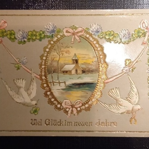Prägekarte Viel Glück Im Neuen Jahr 2 Tauben Und Kirche 650458 Ga B
