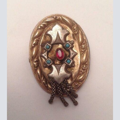 Biedermeier Schaumgold Brosche Türkis roter Glasstein 12815