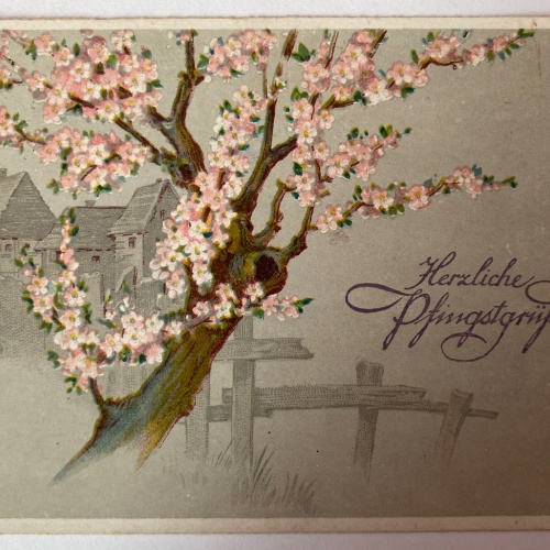 Grußkarte, "Herzliche Pfingstgrüße", Baum, Zaun 410023 AH