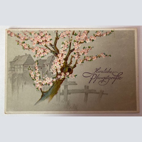Grußkarte, "Herzliche Pfingstgrüße", Baum, Zaun 410023 AH