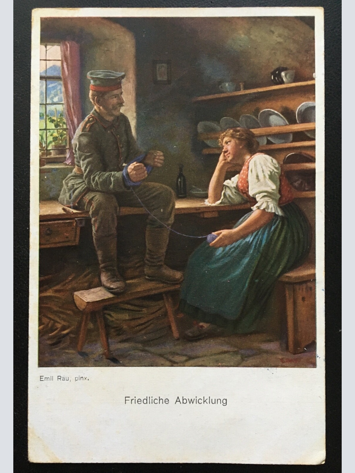 Friedliche Abwicklung - Frau fesselt Soldat mit Garn - Militär Krieg 400637 TH