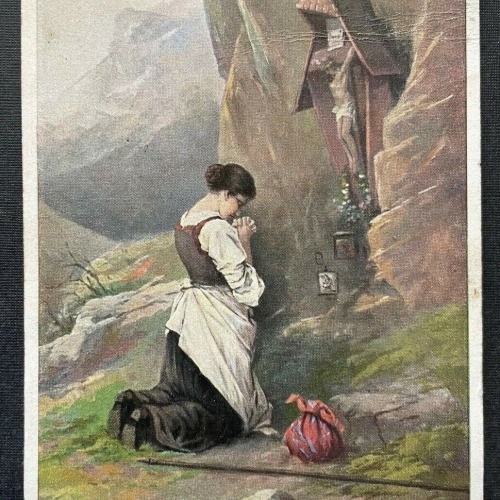 Malerei Gott schütze ihn Weltkrieg Kuglmayr Frau Kleid Bildstock Kreuz 400394 TH