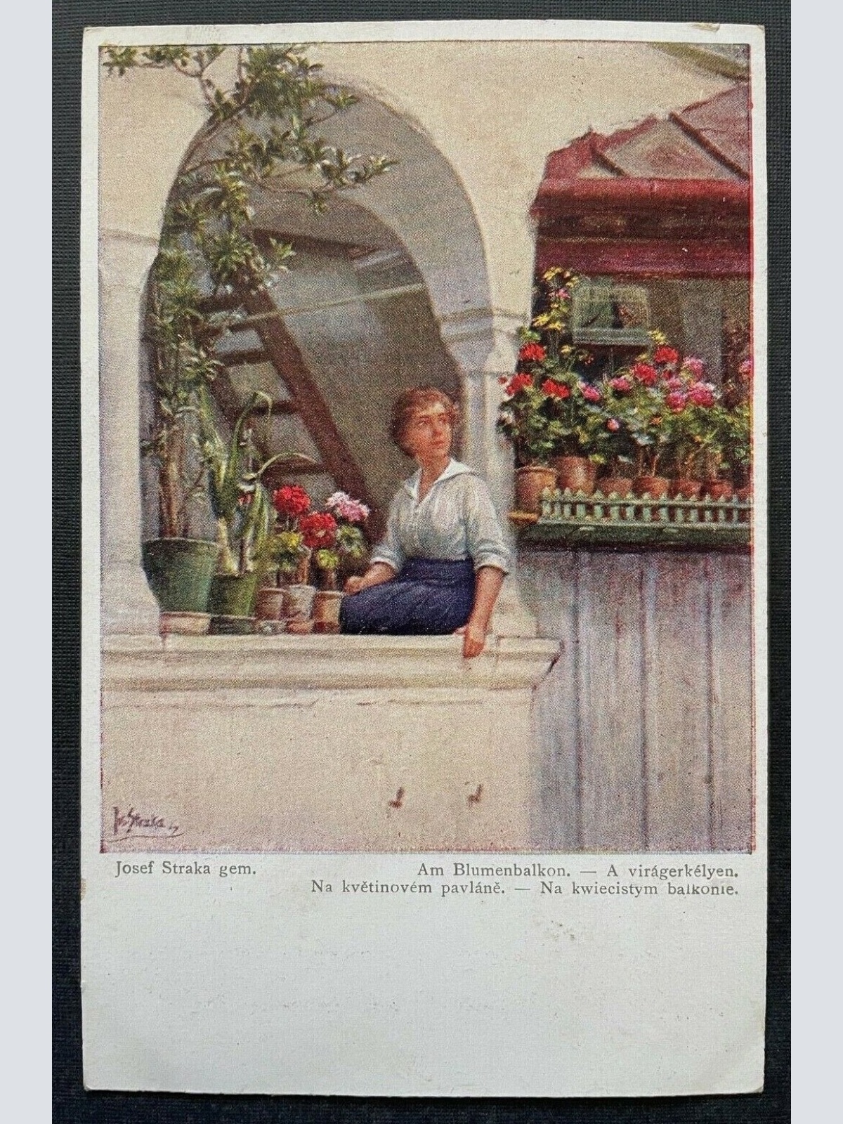 Malerei Am Blumenbalkon J.Straka Frau Blumenstock Bluse Rock Haus 410783 TH
