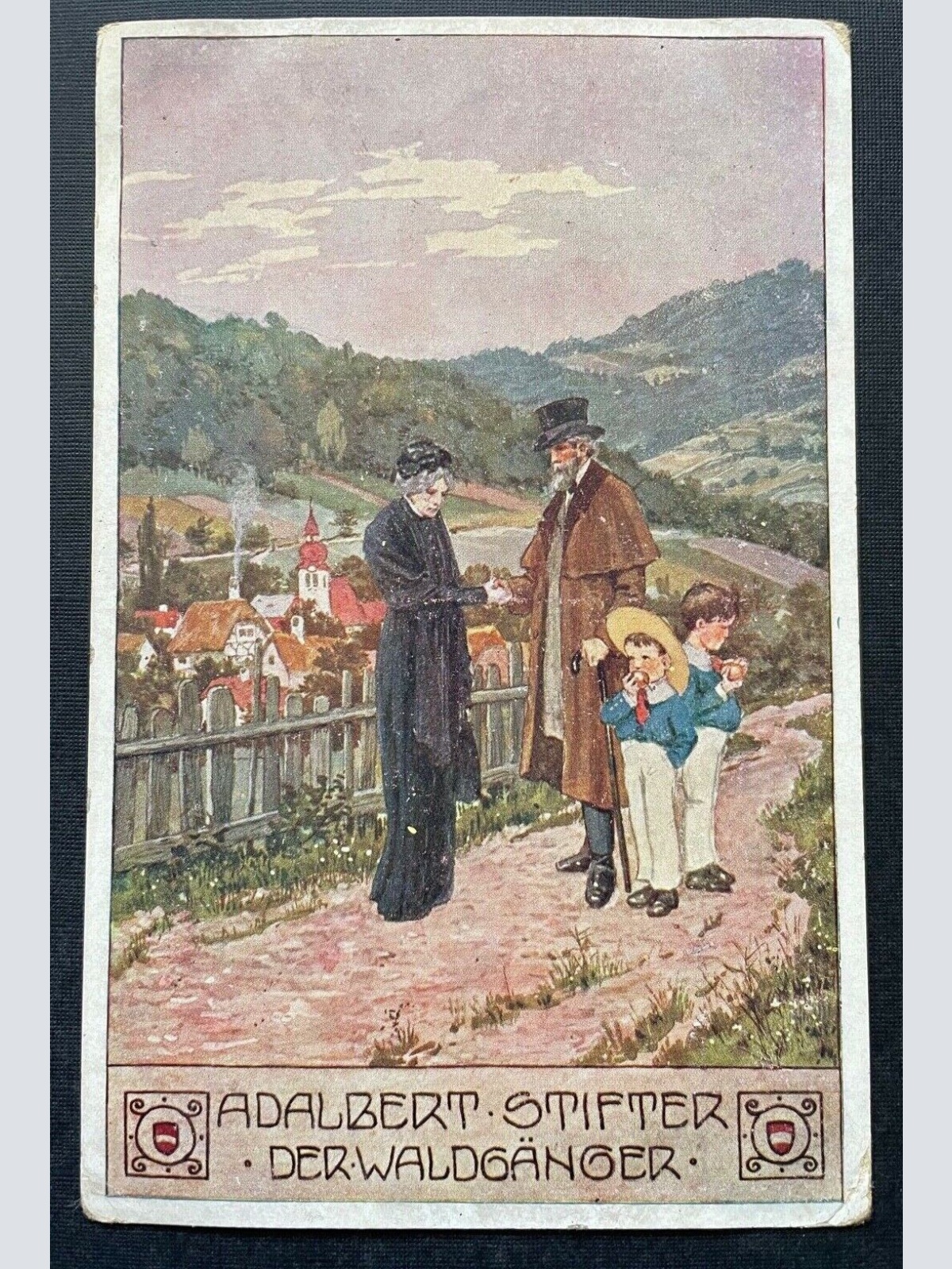 Malerei Der Waldgänger A.Stifter Mann Frau Kinder Aussicht Ortschaft 400348 TH