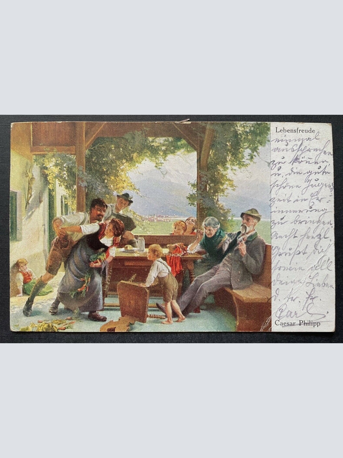 Malerei Lebensfreud C.Philipp Familie Feier Kleid Tracht Hut Bart Kind 400344 TH