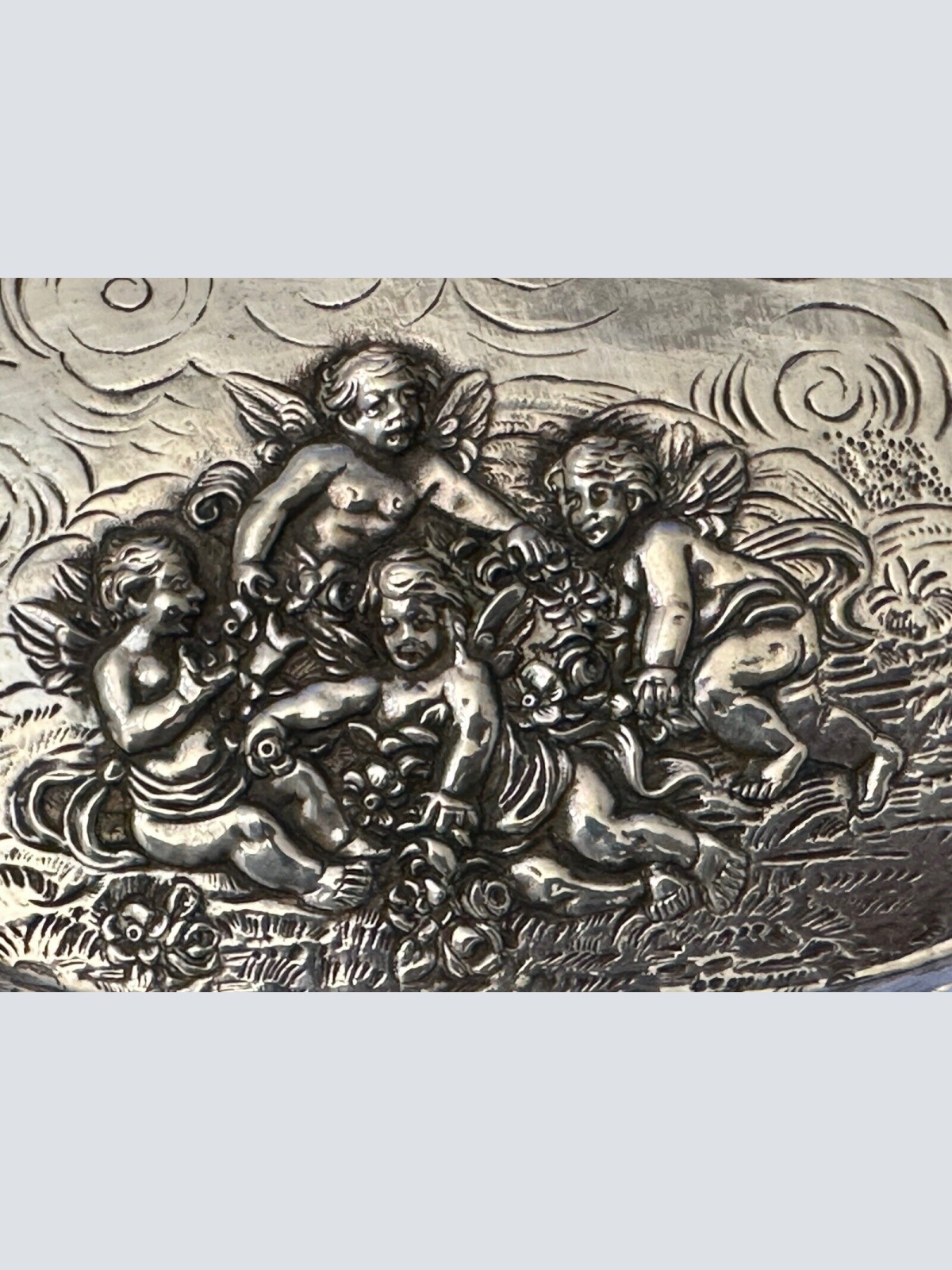 800 Silber Schale Relief Durchbruch Putte Engel Halbmond Krone 324 g 29x19 cm X9