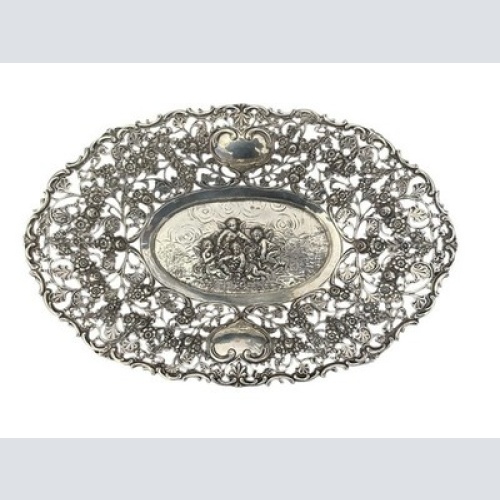 800 Silber Schale Relief Durchbruch Putte Engel Halbmond Krone 324 g 29x19 cm X9