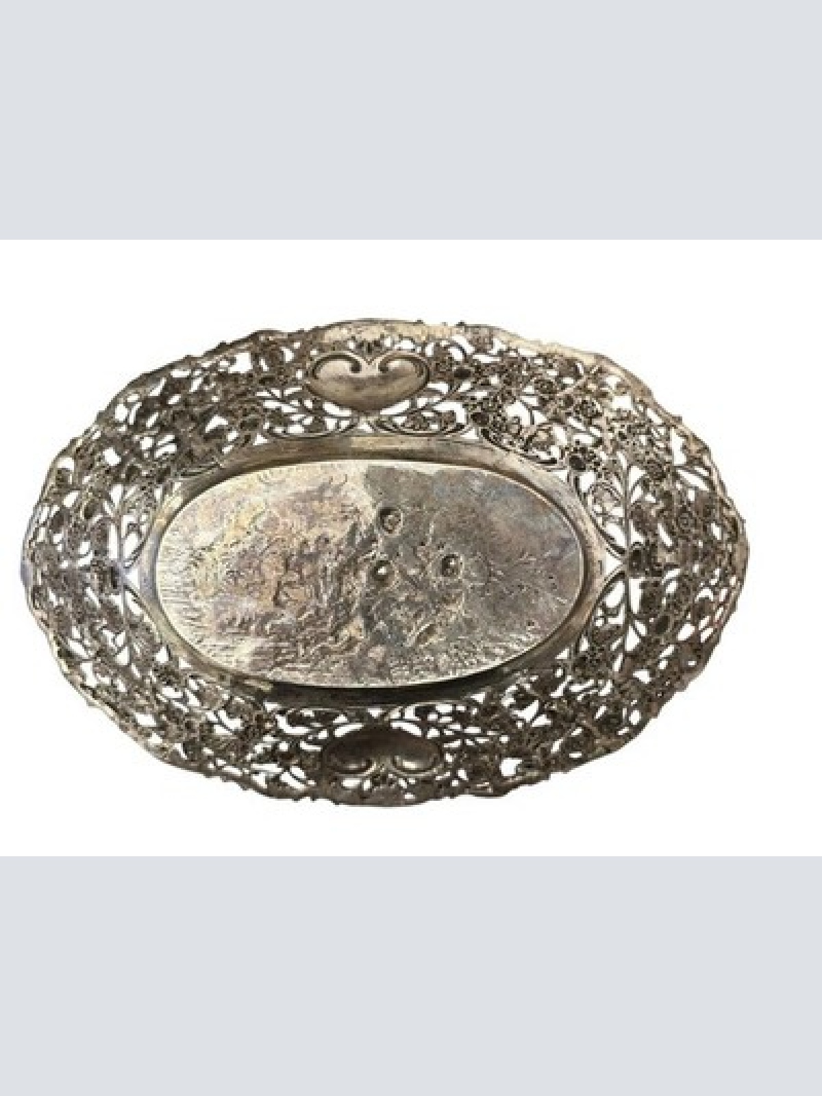 800 Silber Schale Relief Durchbruch Putte Engel Halbmond Krone 324 g 29x19 cm X9