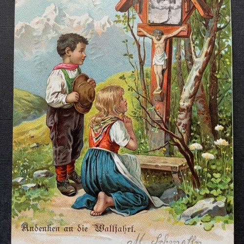 Andenken an die Wallfahrt Kinder Junge Mädchen Bildstock Kreuz Tracht 410798 A