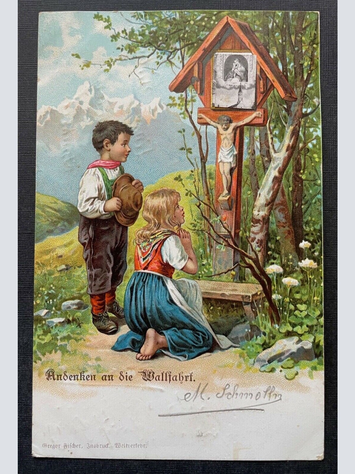 Andenken an die Wallfahrt Kinder Junge Mädchen Bildstock Kreuz Tracht 410798 A