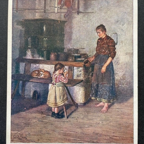 Malerei Beim Frühstück G.A.Hessl Mutter Kind Mädchen Kleid Küche Ofen 410784 TH
