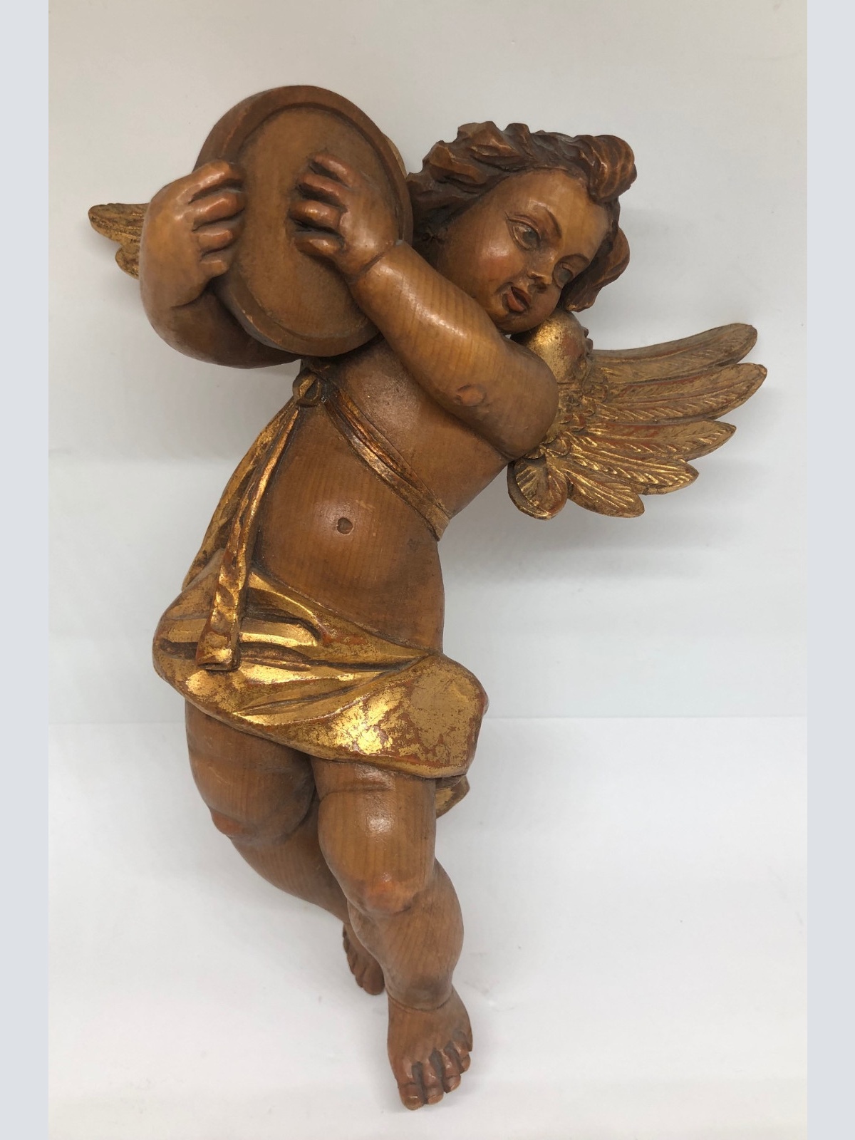 Holzengel  Musikinstrument Trommel ca. 30 cm Blattgold um 1950 oder früher 25447