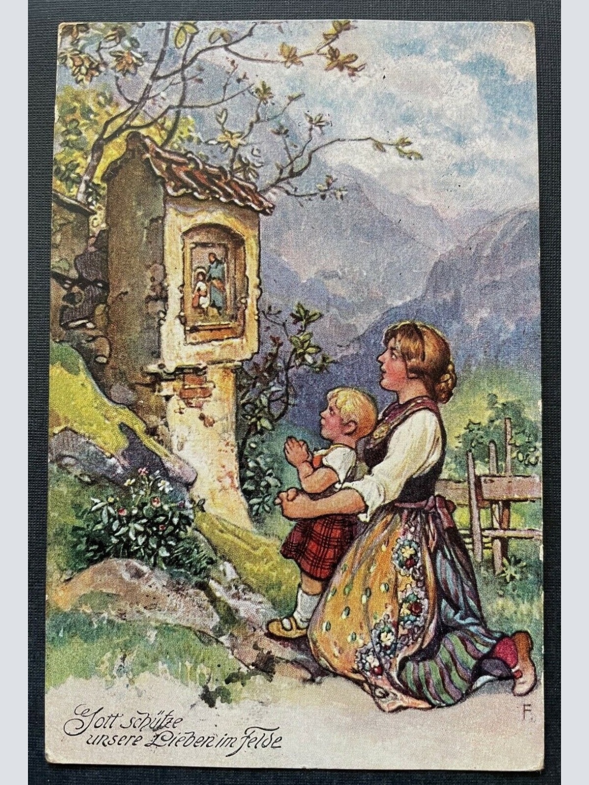 Gott schütze unsere Lieben im Felde Mutter Kind Tracht Bildstock Krieg 410797 A