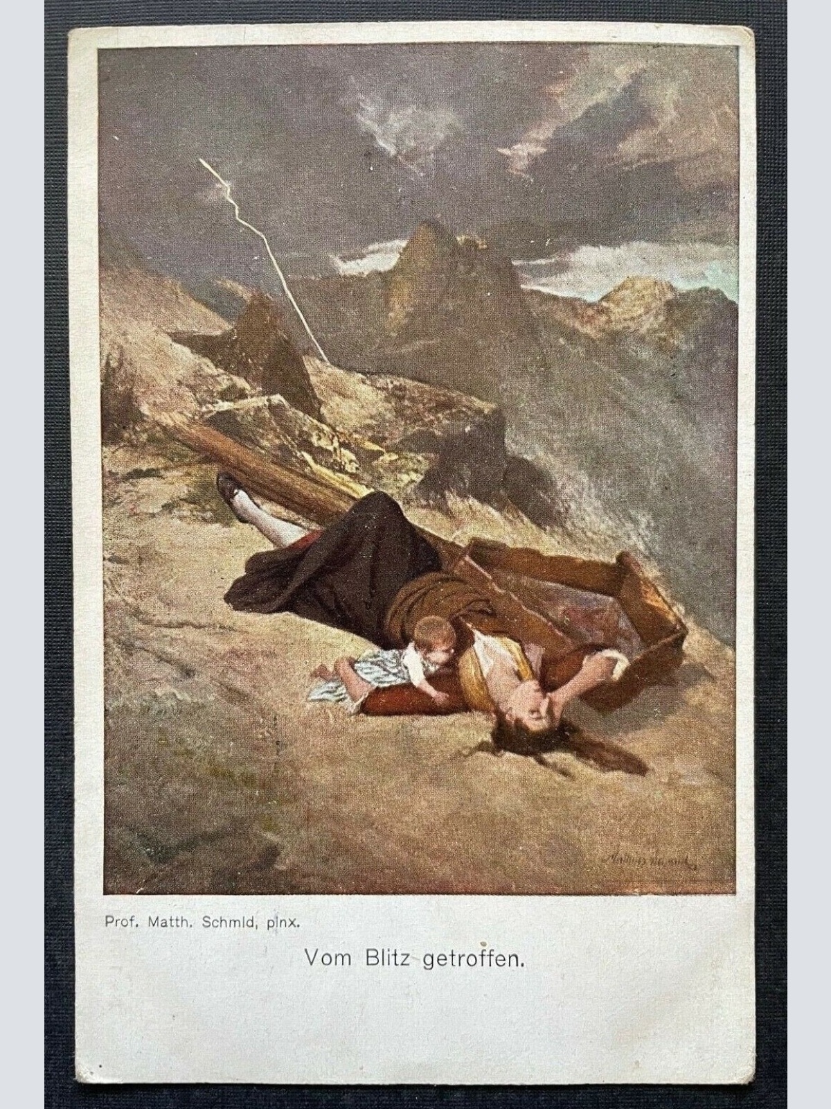 Malerei Vom Blitz getroffen M.Schmid Frau Kind Baby Bildstock Kreuz 400395 TH