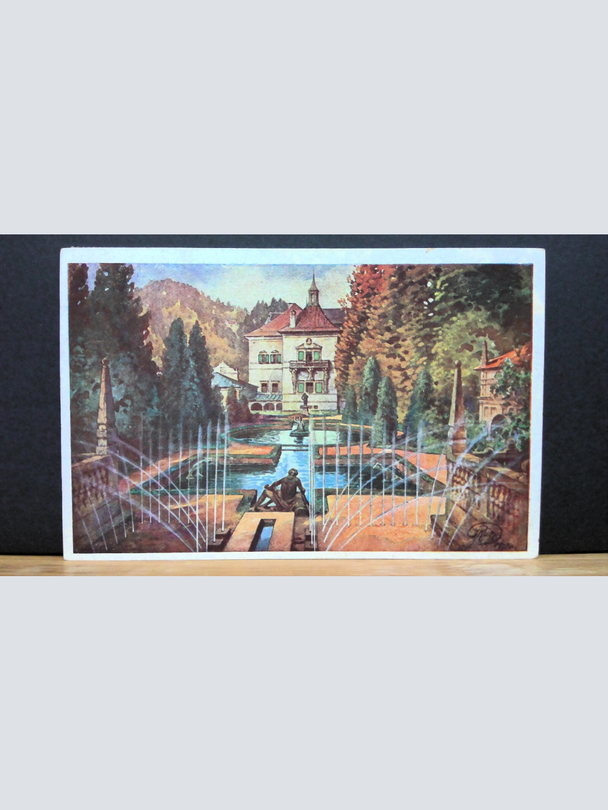 Salzburg Hellbrunn Wasserkünste am Fürstentisch mit Schloß Gemälde JW 650108 C