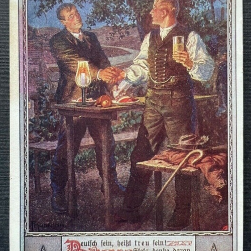 Deutscher Schulverein Treue Spruch Handschlag Mann Tracht Stock Glas 400331 TH A