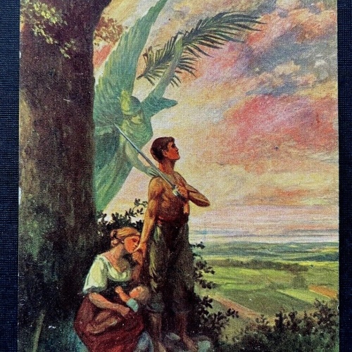 Malerei Beschützt S.Pohl Mann Frau Kind Engel Schwert Wald Feld 400255 TH A