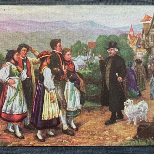 Malerei Kirmes Vorfeier C.Boecker Gruppe Tracht Kleid Anzug Hund 400306 TH A