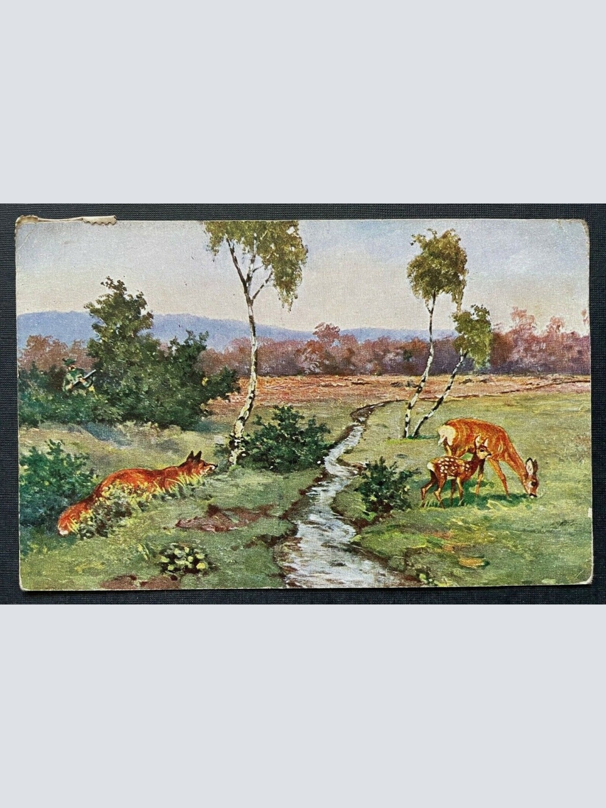 Landschaft Tiere Fuchs Reh Kitz Bach Natur Wiese Baum Malerei 400339 TH F