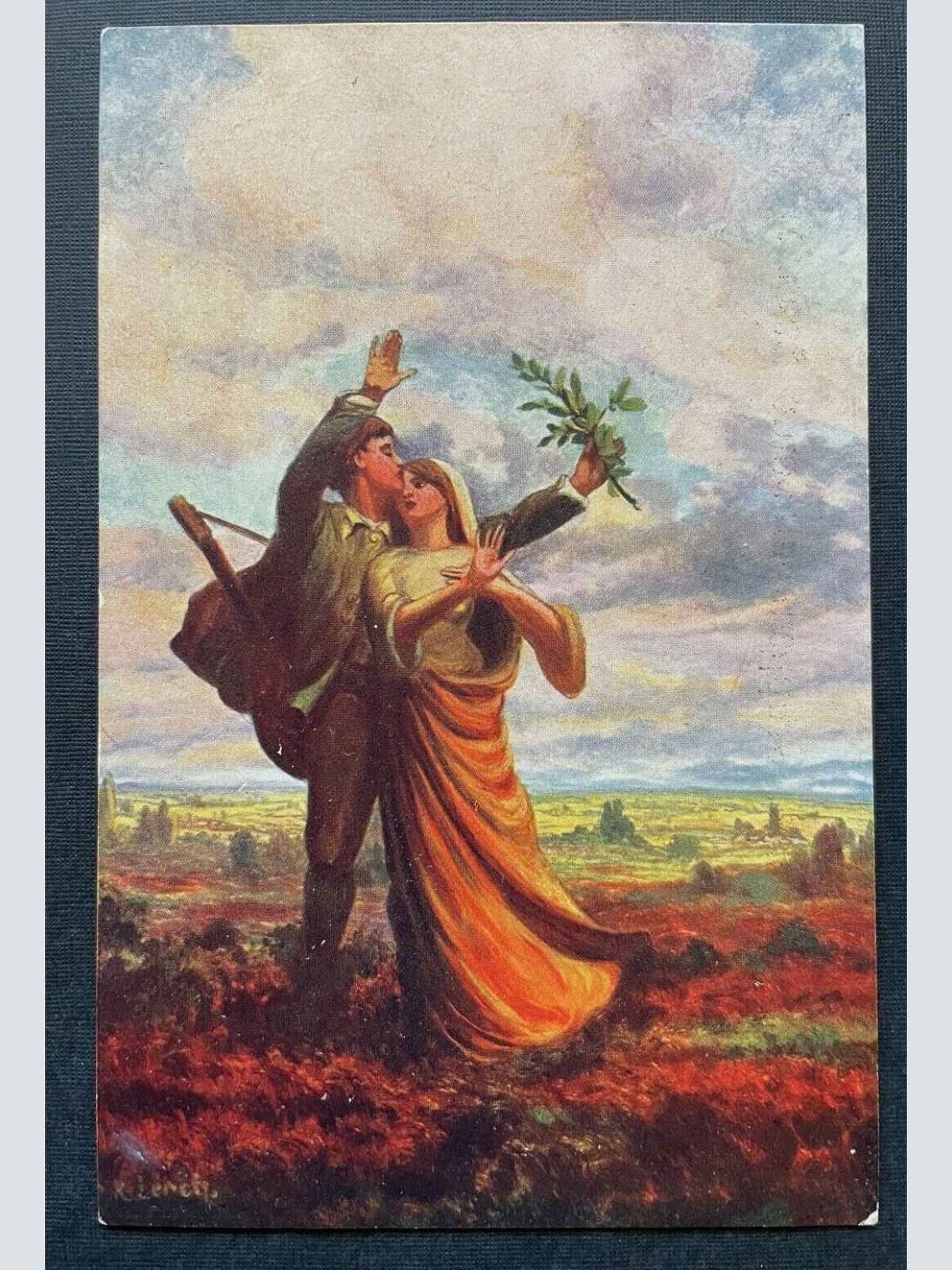 Malerei Treuschwur K.Lerch Paar Mann Frau Kleid Zweig Aussicht Himmel 400307 A