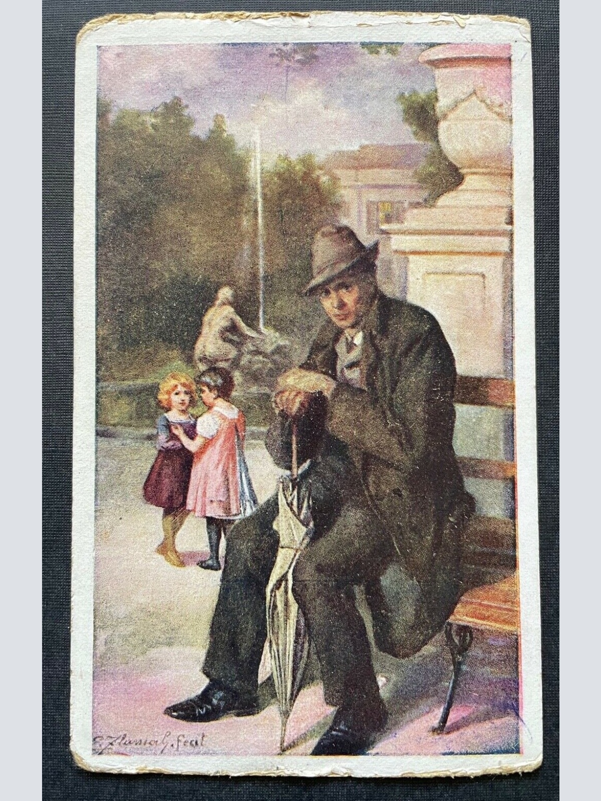 Malerei Rekonvaleszent Mann Krankheit Mantel Hut Kinder Park Brunnen 400295 TH A