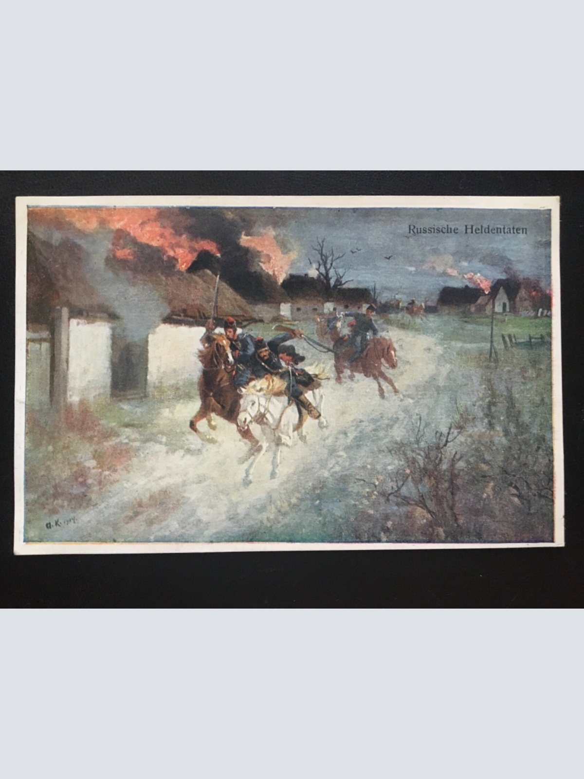 Russische Heldentaten - Soldaten auf Pferde - Brennende Häuser 270074 TH