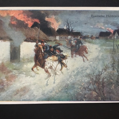 Russische Heldentaten - Soldaten auf Pferde - Brennende Häuser 270074 TH