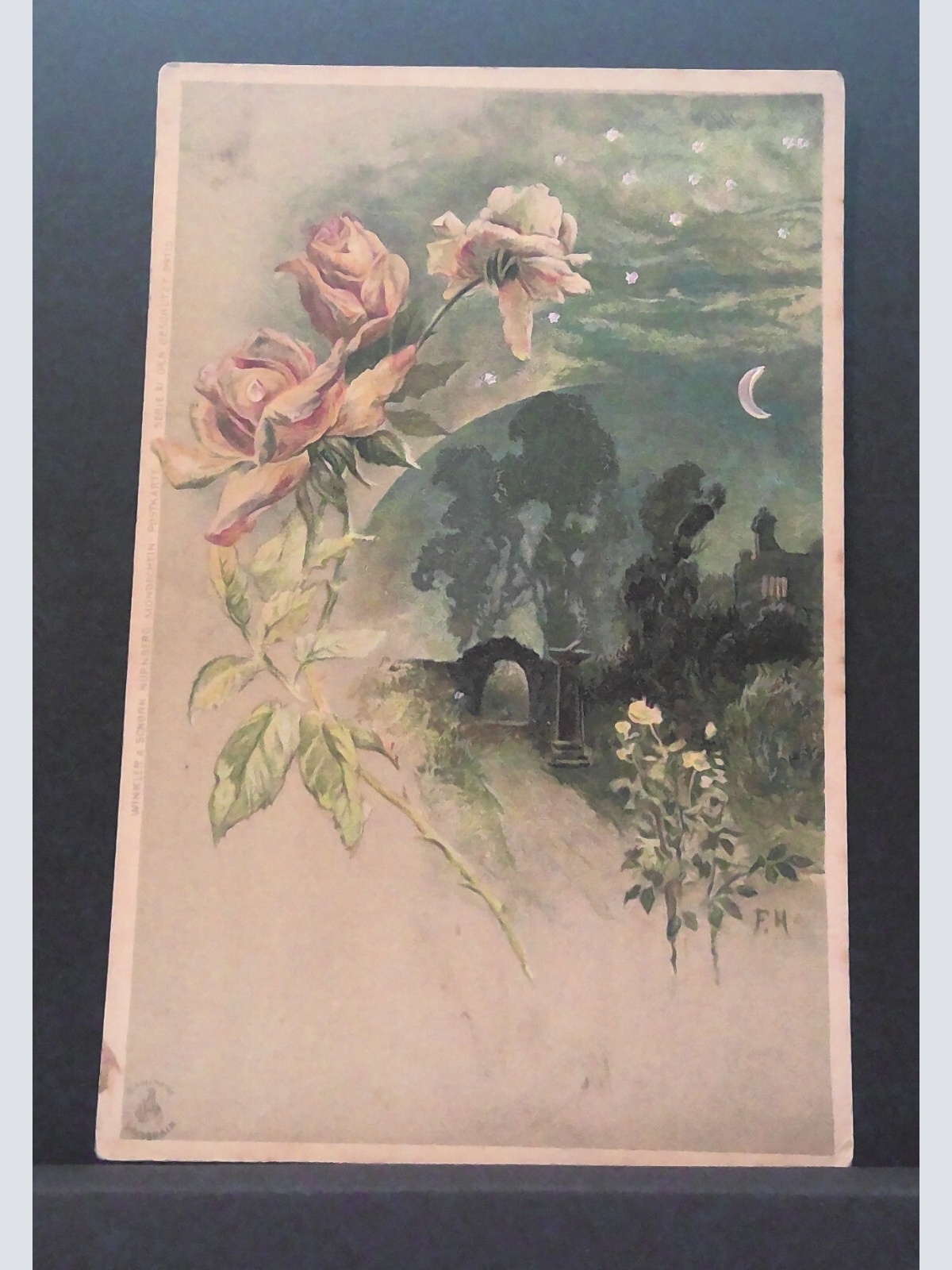 Mondscheinpostkarte Mond Sterne Rosen JW 650424 C