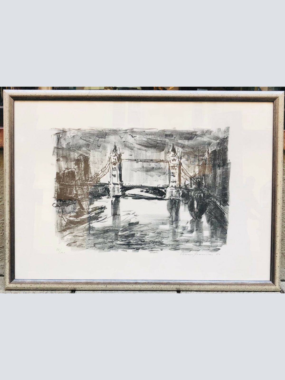 Hans Fronius Lithographie mit Holzrahmen Tower Bridge London 82 x 60     400371