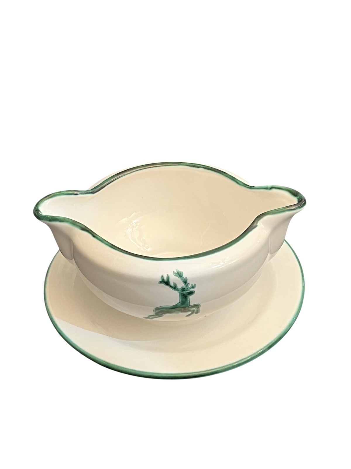 Gmundner Keramik Grüner Hirsch Sauciere mit Unterteller
