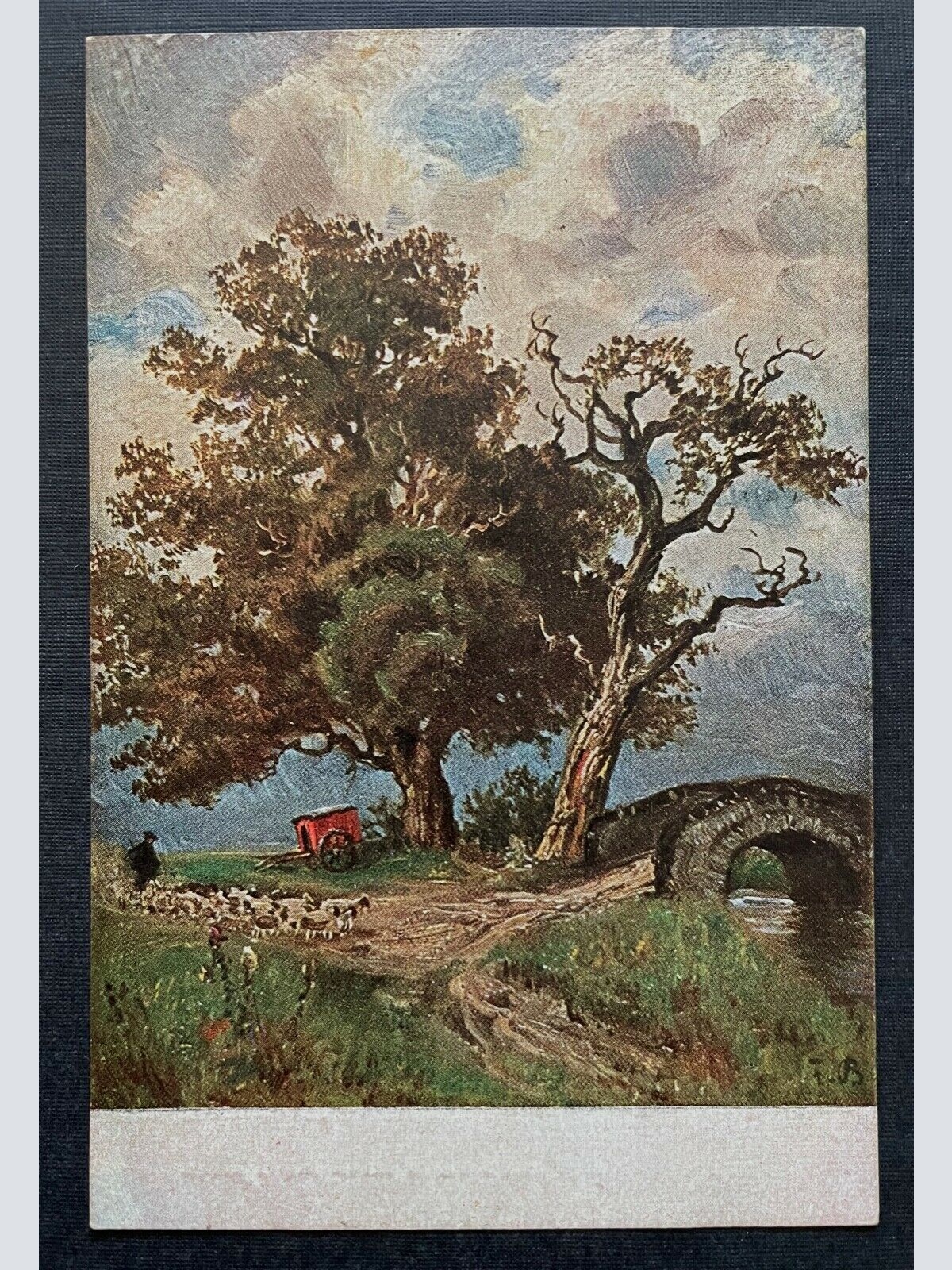 Malerei Bild Baum Schäfer Schafe Wagen Brücke Bach Künstlerkarte 402390 TH