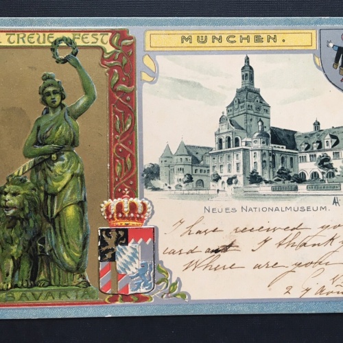 München Neues Nationalmuseum Prägekarte Statue Bayern Deutschland 400857 TH A