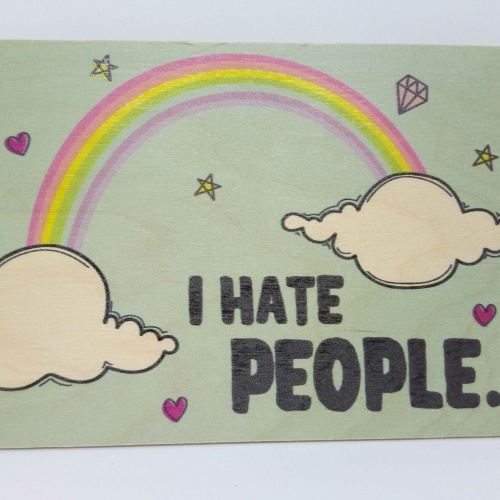 Holzpostkarte magnetisch "I hate people" Regenbogen 14x10 Birkenholz 50280