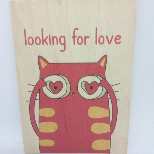 Holzpostkarte magnetisch "looking for love" Katze 14x10 Birkenholz 50287