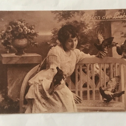 AK, Boten der Liebe, Tauben, Frau, Blumen (20001 BW)