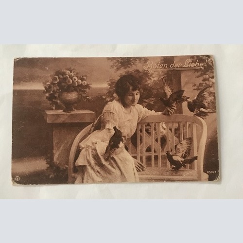 AK, Boten der Liebe, Tauben, Frau, Blumen (20001 BW)