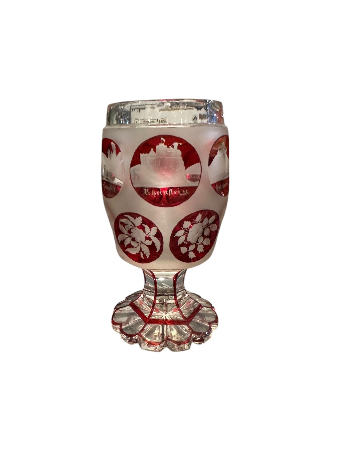 Glas Becher Pokal Ansichtenglas Rheinstein Ehrenfels Godesberg Rolandsberg 15 cm