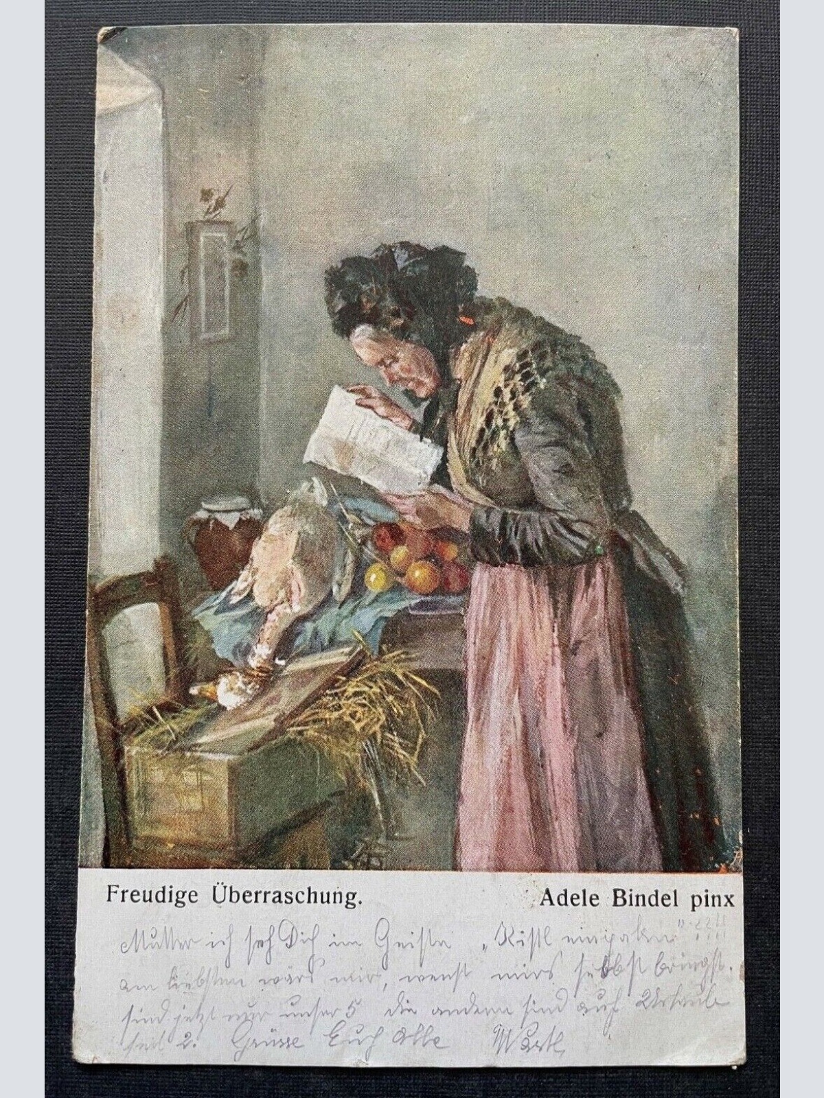 Malerei Freudige Überraschung A.Bindl Frau Gans Brief Kleid Tracht 400345 TH