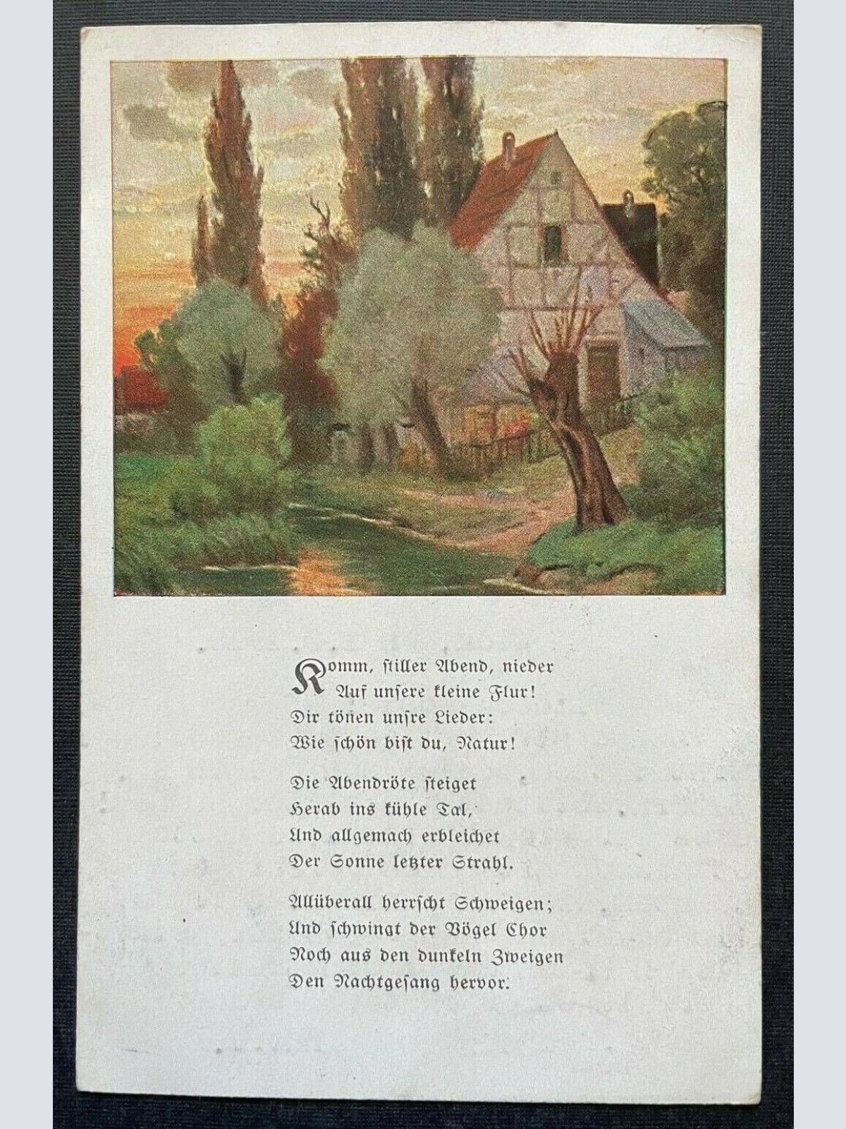 Komme stiller Abend Gedicht Haus Gebäude Garten Fluss Baum Malerei 410786 TH F