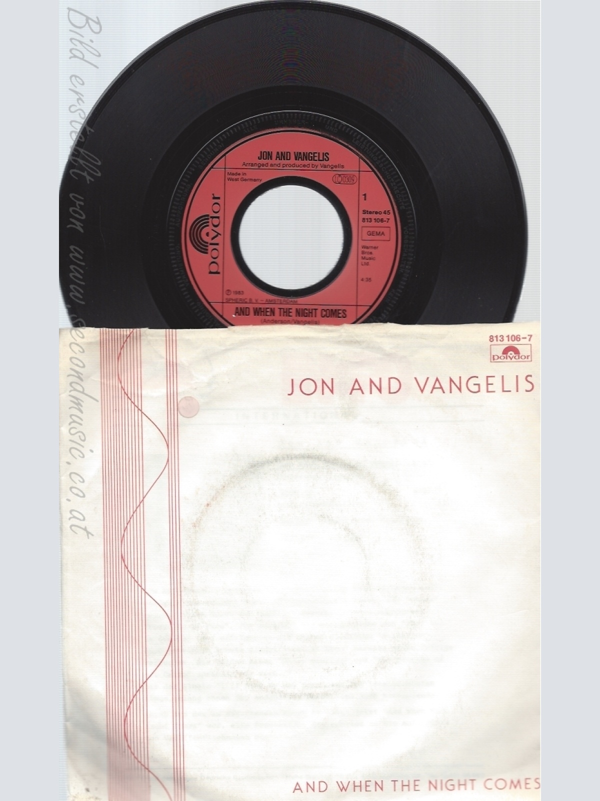 7" JOHN AND VANGELIS-- AND WHEN THE NIGHT COMES-