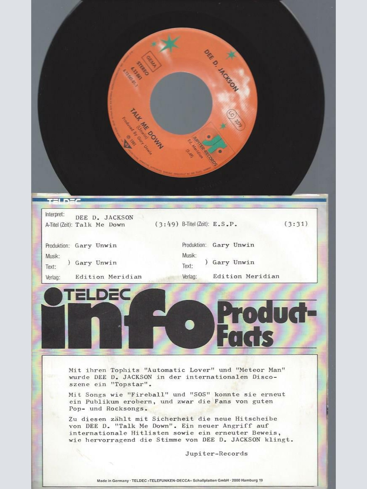 7"   Dee D. Jackson – Talk Me Down / Promo