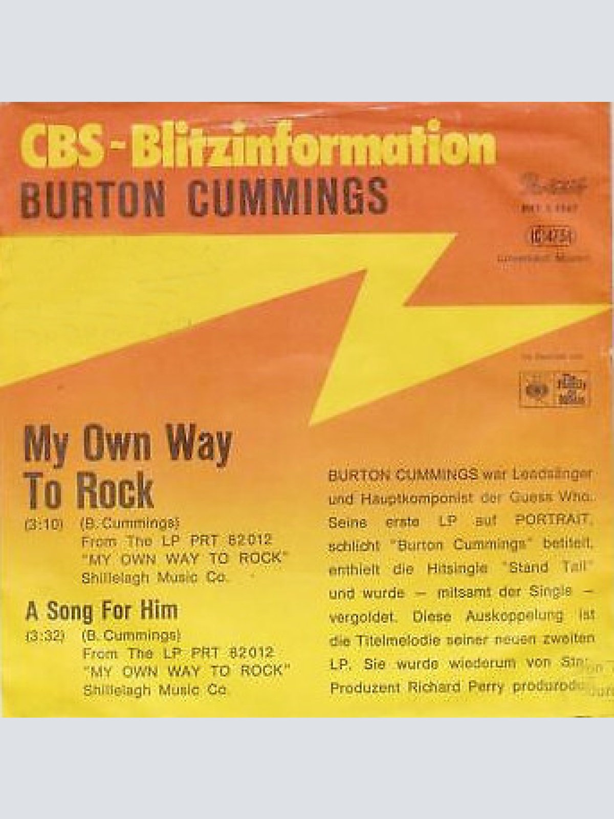 7", Single, Promo Burton Cummings - My Own Way To Rock / A Song For Him