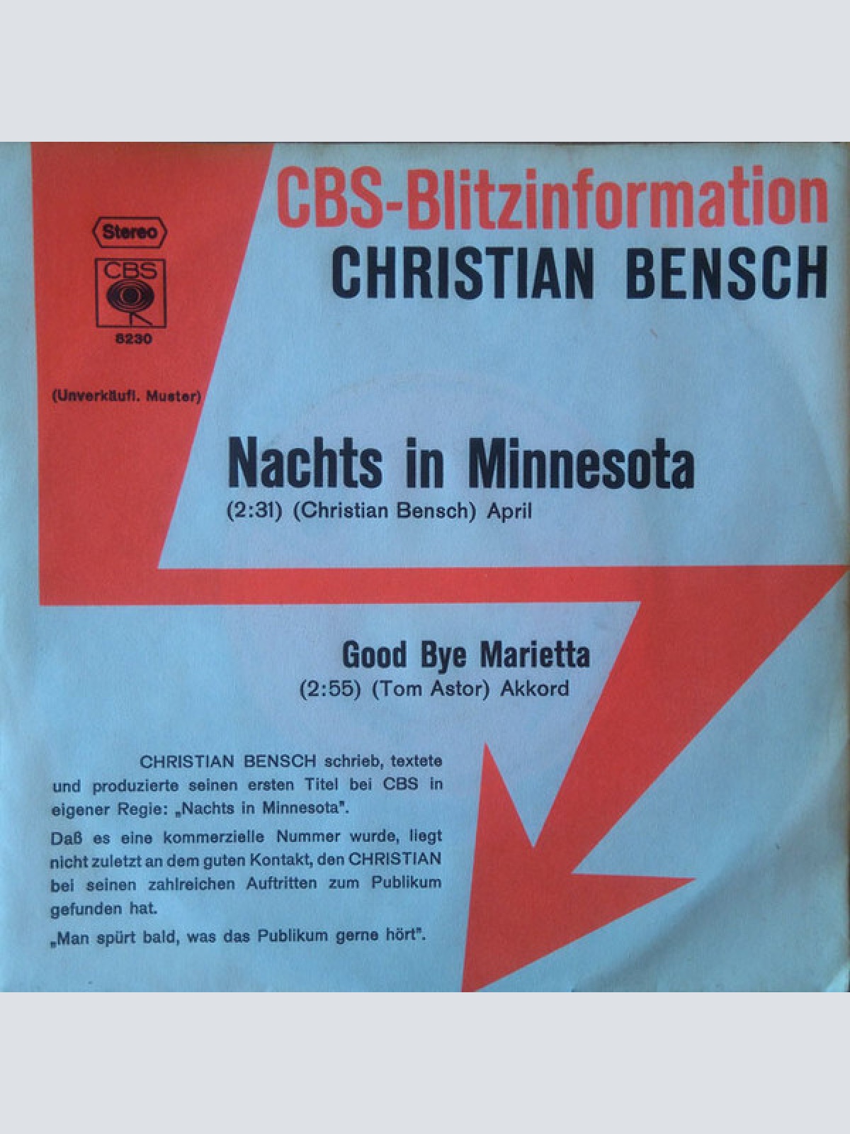 7", Single, Promo Christian Bensch - Nachts In Minnesota