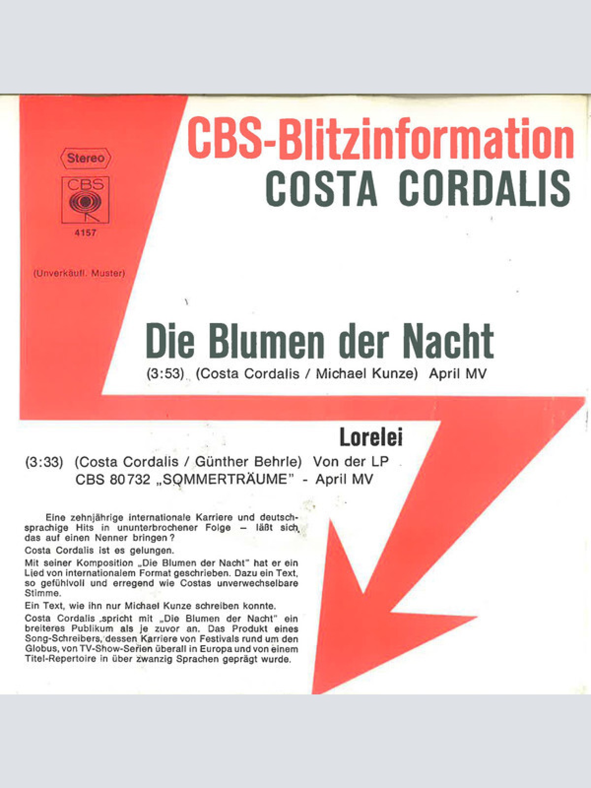 7", Single, Promo Costa Cordalis - Die Blumen Der Nacht
