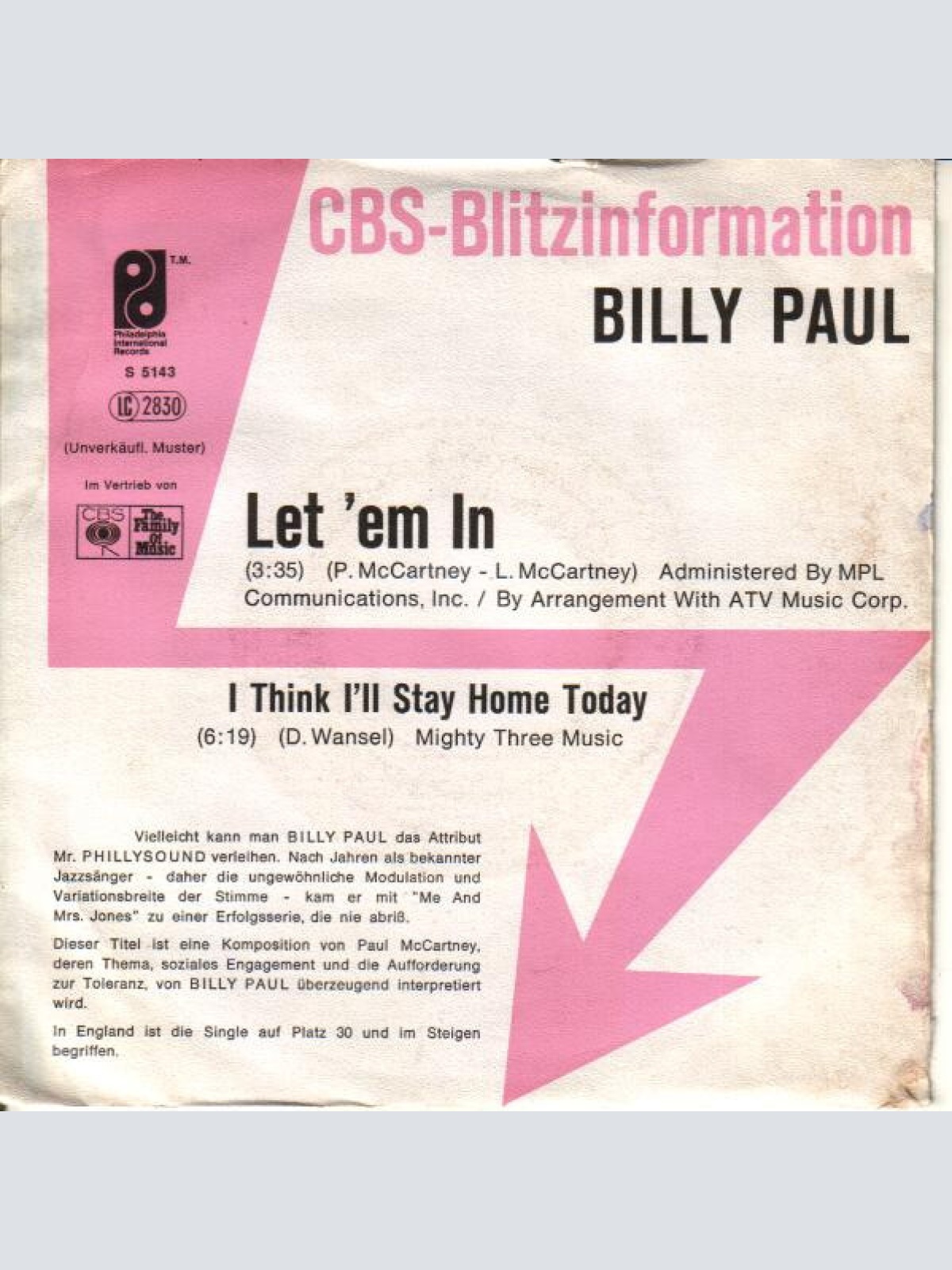 7", Single, Promo Billy Paul - Let 'Em In