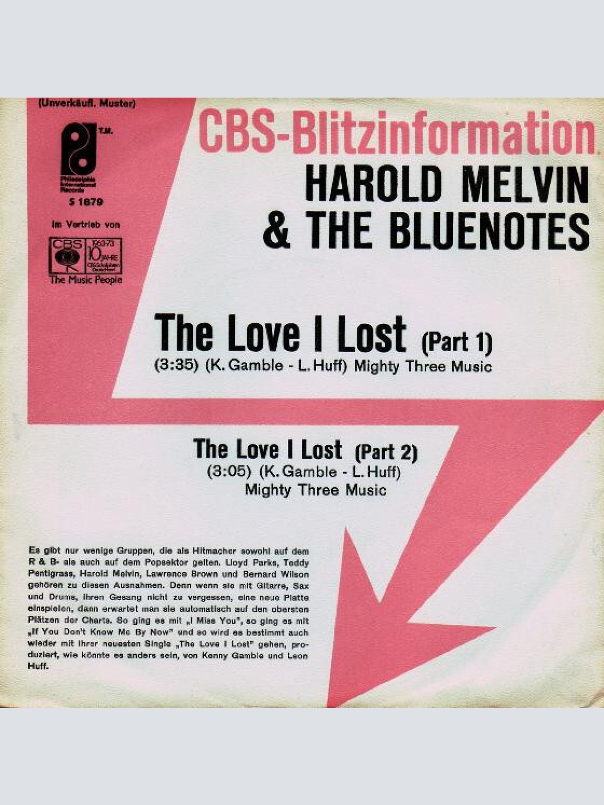 7", Single, Promo Harold Melvin And The Blue Notes - The Love I Lost (Parts 1...