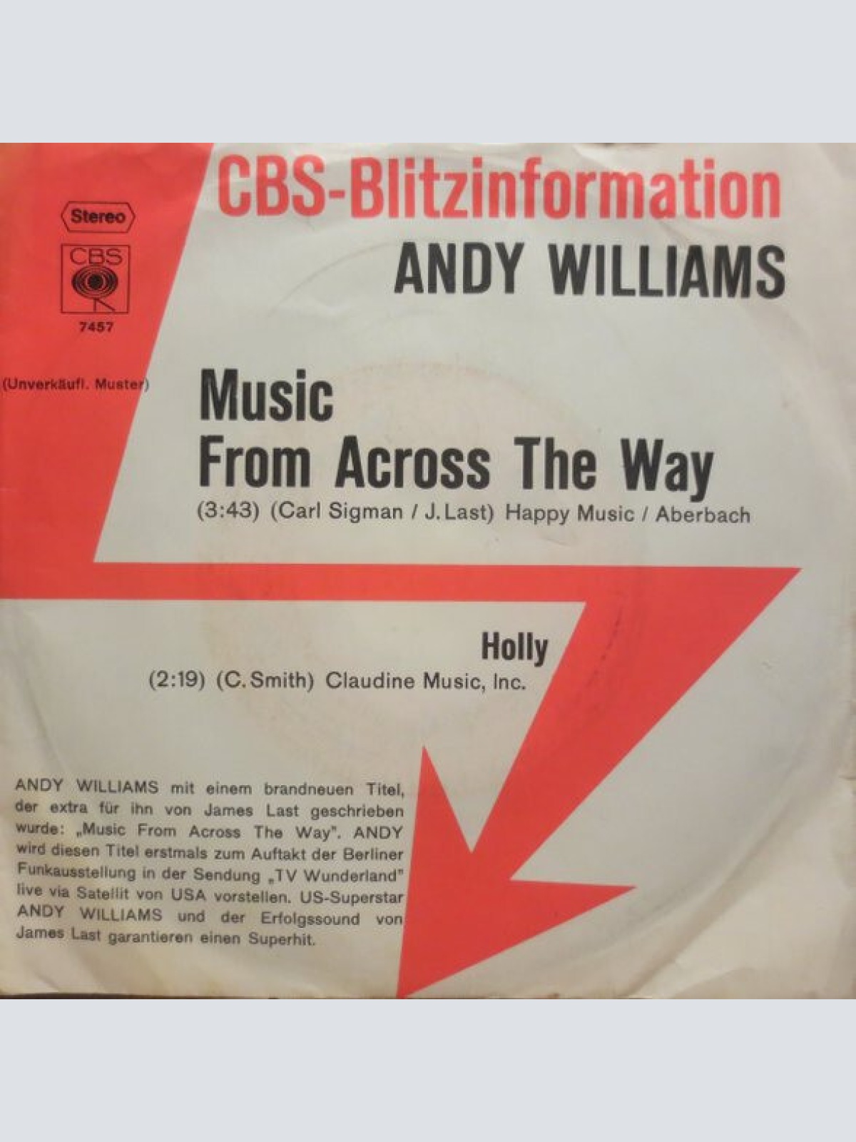 7", Single, Promo Andy Williams - Music From Across The Way