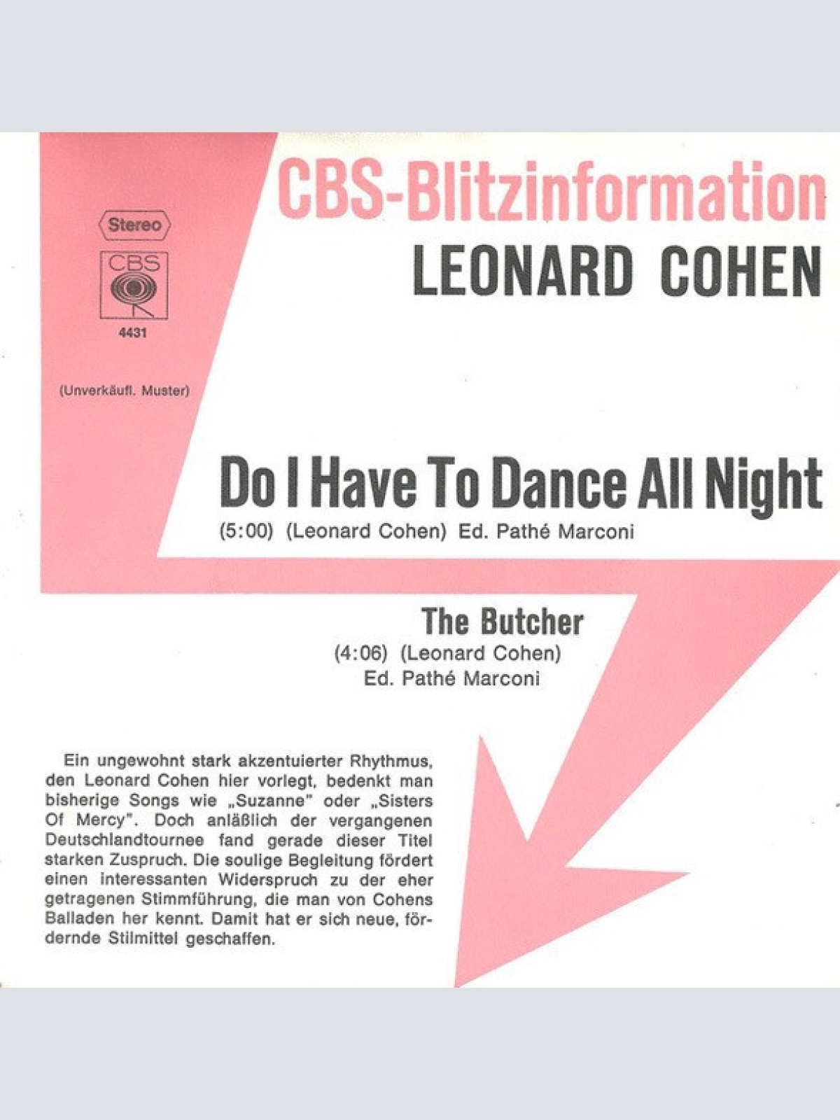 7", Single, Promo Leonard Cohen - Do I Have To Dance All Night / The Butcher