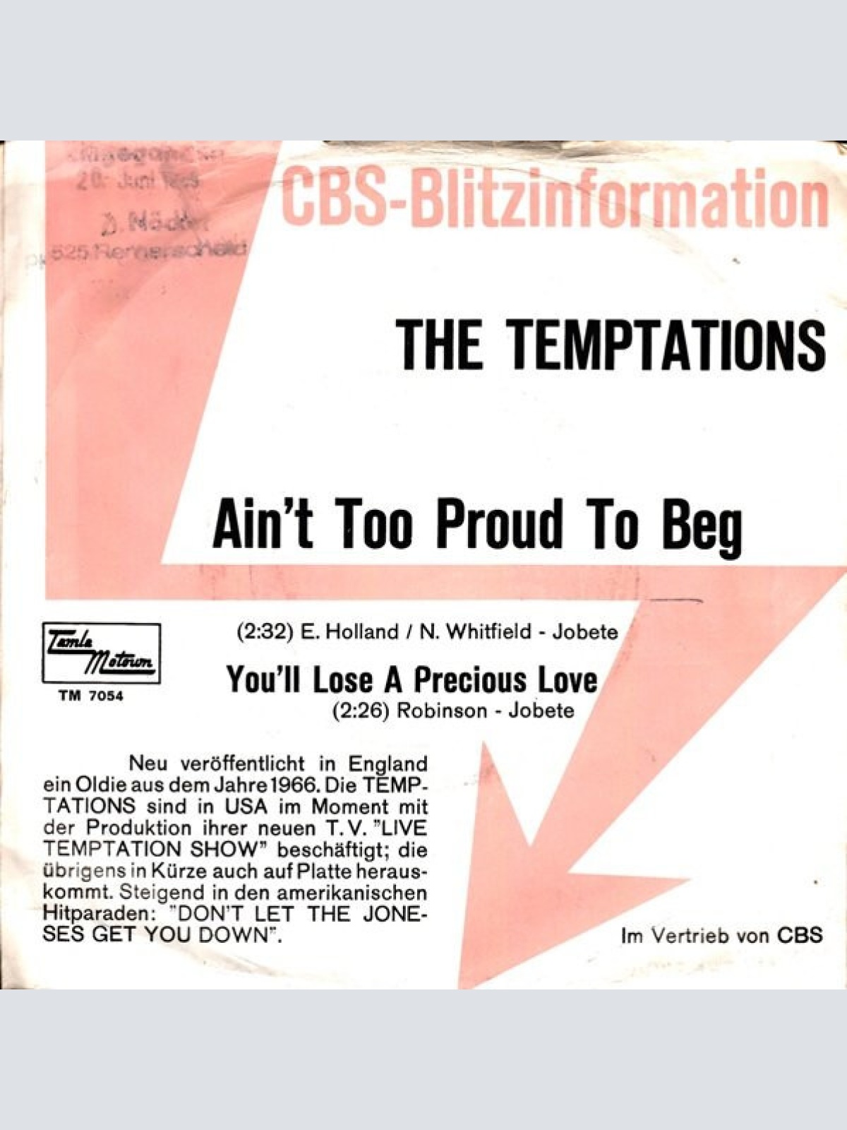 7", Single, Promo The Temptations - Ain't Too Proud To Beg